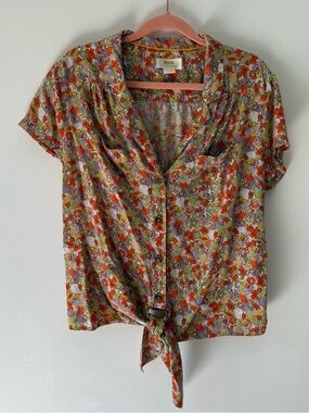 Maeve Anthropologie Floral Tie Front Blouse Rayon Size 14 Boho Citrus